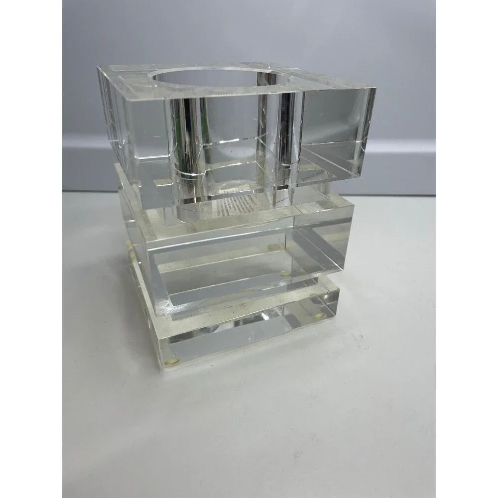 heavy mcm style WILLIAMS-SONOMA CLEAR CRYSTAL BLOCK square CANDLE HOLDER